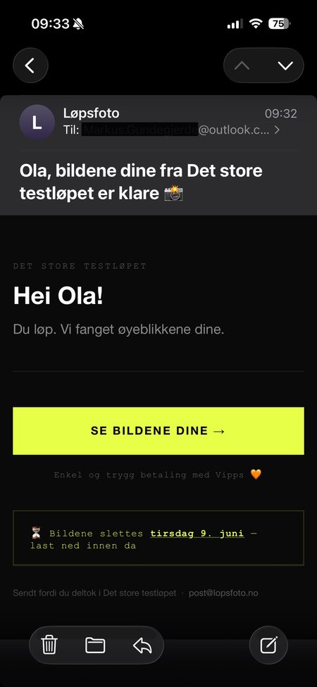 E-post til løperen om at bildene er klare